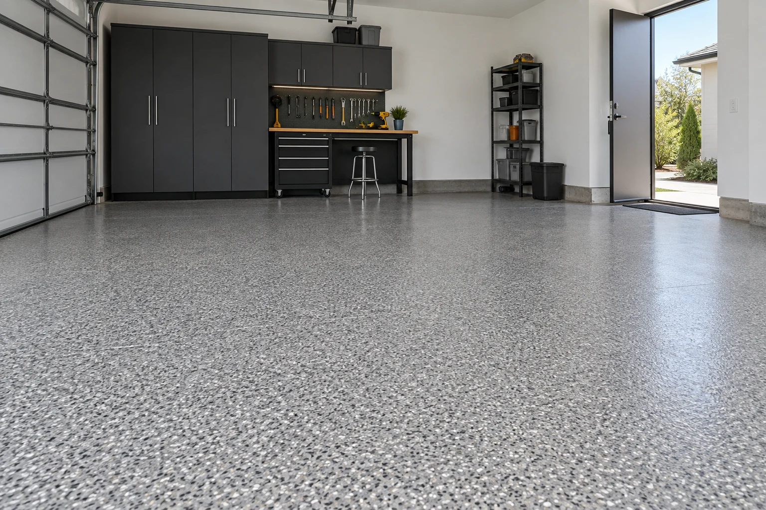 Gray decorative flake garage floor concept